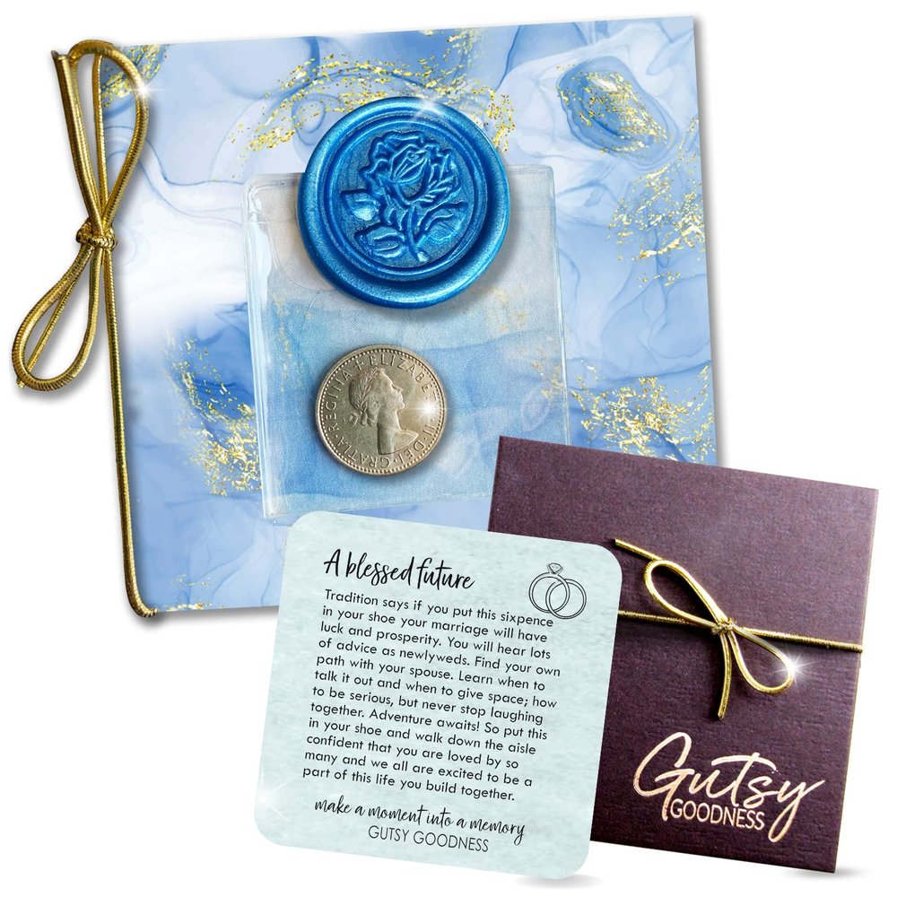 Authentic Silver Sixpence Coin For Bride's Shoe - 4 Piece Set Includes 1967 Sixpence, Sentimental Message Card, Something Old New Borrowed Something Blue Tradition Wedding Poem Card, Keepsake Gift Box