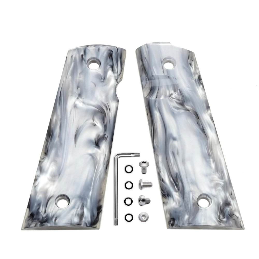Guuun 1911 Magwell Grips High Polished Synthetic Pearl Resin Ambi Safety Cut - White