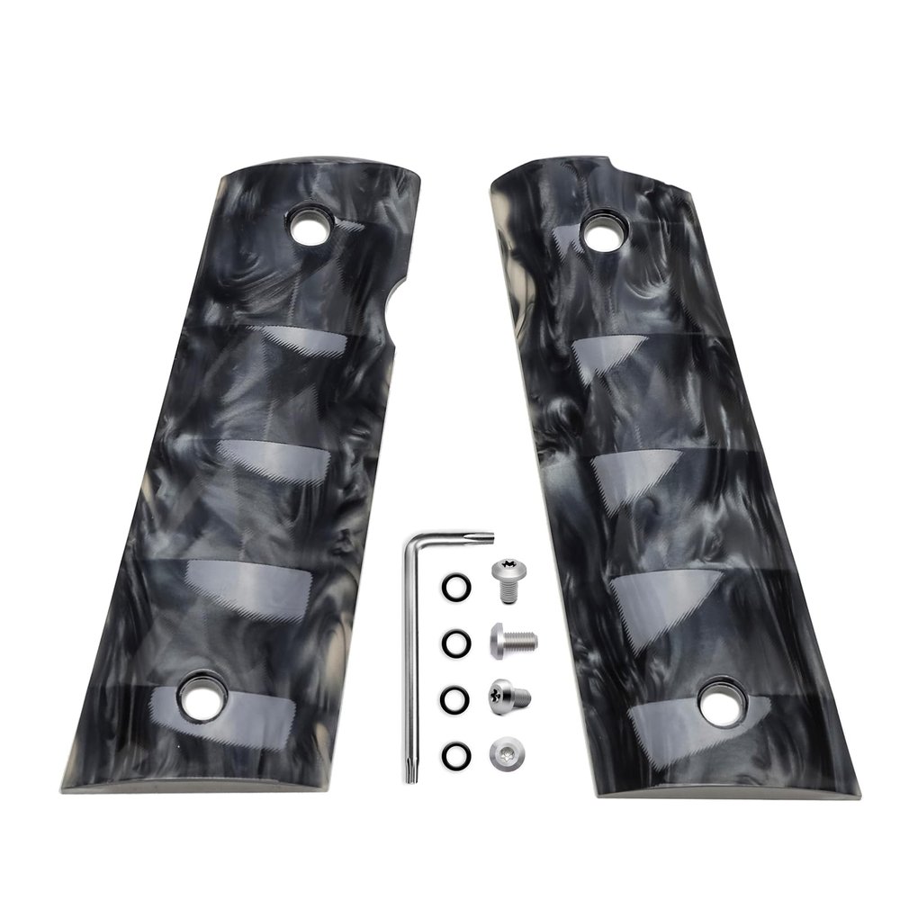 Guuun 1911 Magwell Grips Bamboo Style High Polished Synthetic Pearl Resin Ambi Safety Cut - Black