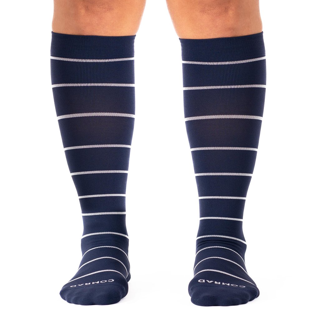 Comrad Nylon Knee High Socks - 15-20mmHg Graduated Compression Socks, (Large, Navy/Sand) - Soft & Breathable Support Socks for Men, Pregnant Women, Nurses, Home, Work, & Travel