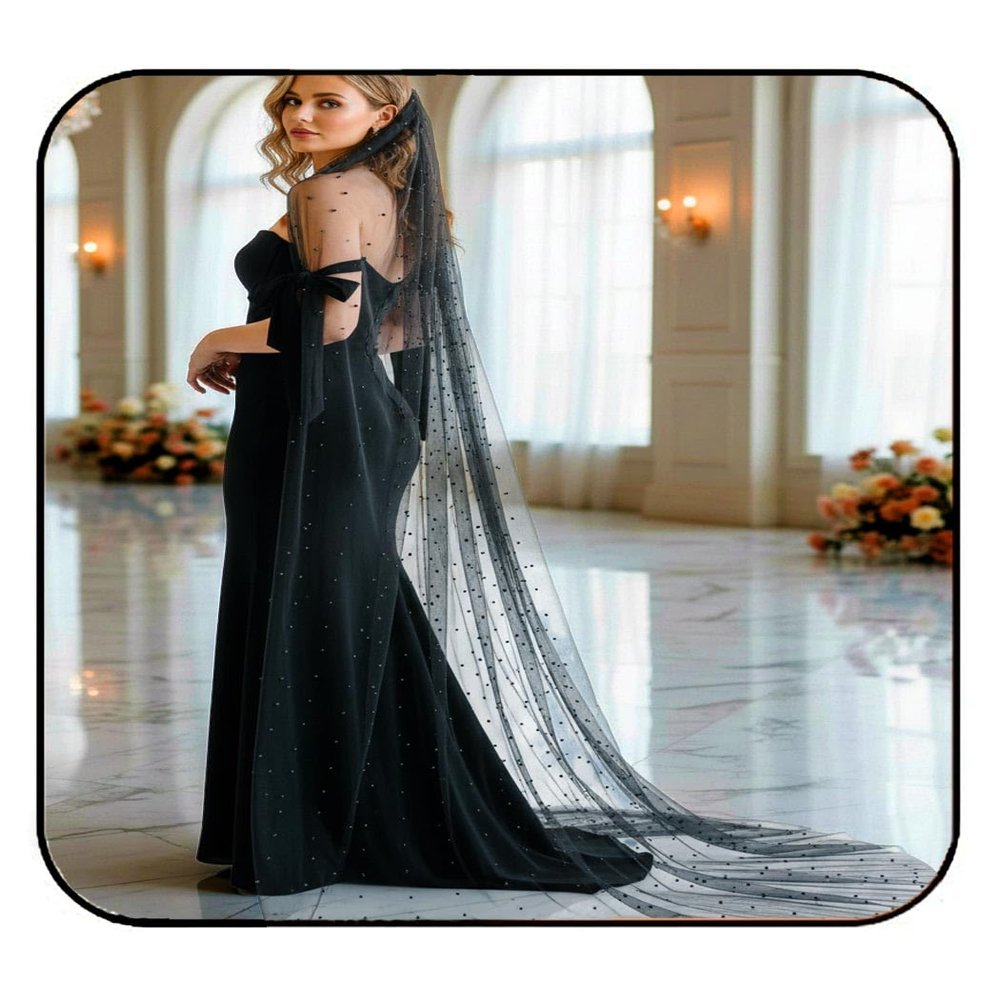 HEREAD Pearl Bride Wedding Veil White Fingertip Cathedral Bridal Tulle Veils Halloween Costume Hair Accessories with Comb and Cut Edge (106.2" Length, Black)