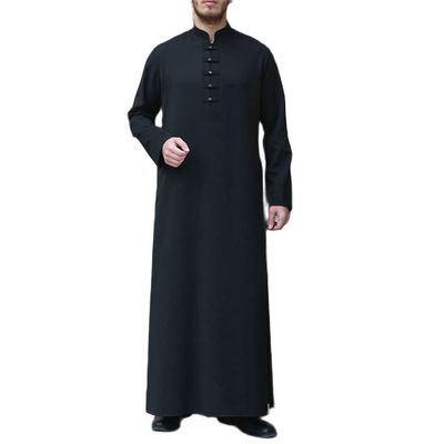 XSION Men's Muslim Dresses Long Sleeves Saudi Arab Thobe Middle East Long Gown Islamic Dubai Robe Kaftan Costume (Color : Black, Size : Medium)