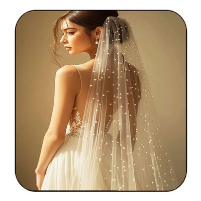 HEREAD Pearl Bride Wedding Veil White Fingertip Cathedral Bridal Tulle Veils Hair Accessories with Comb and Cut Edge (35.4 Length)
