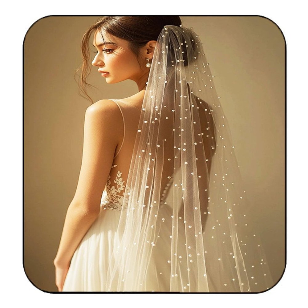 HEREAD Pearl Bride Wedding Veil White Fingertip Cathedral Bridal Tulle Veils Hair Accessories with Comb and Cut Edge (35.4 Length)