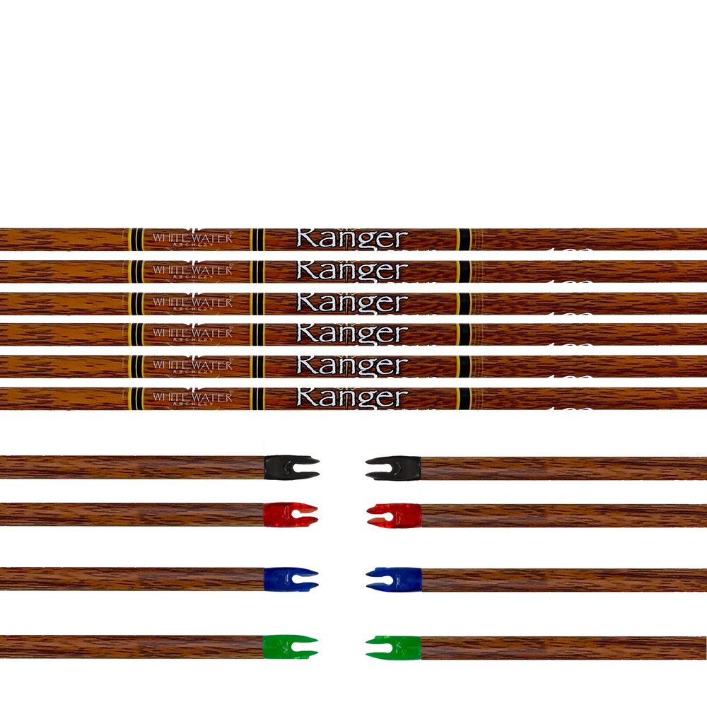 White Water Archery Ranger Traditional Wood Grain Carbon Arrow Shafts .204 6PC Pack Choose Spine Nock Color Inserts (600 Spine, 100 Grain SS, Green)