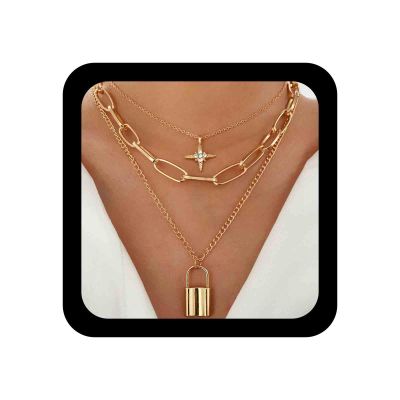 Allereyae Punk Layered Chain Necklace Gold Cz Star Pendant Necklace Vintage Lock Choker Necklace Chunky Paperclip Chain Necklace Jewelry