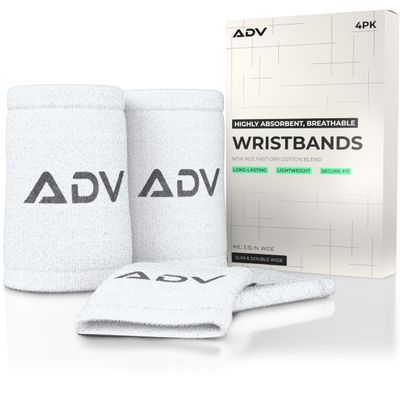 ADV Tennis Wristbands with New Age Polyester Cotton Blend - Ultra Absorbent Wrist Sweatbands - Doublewide & Slim Wrist Bands for Sweat - 4 Pack or 2 Pack (4-Pack White, M/L)