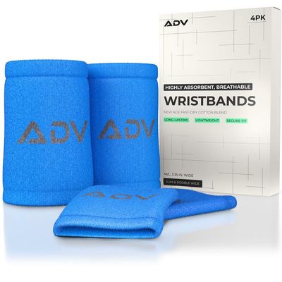 ADV Tennis Wristbands with New Age Polyester Cotton Blend - Ultra Absorbent Wrist Sweatbands - Doublewide & Slim Wrist Bands for Sweat - 4 Pack or 2 Pack (4-Pack Blue, M/L)
