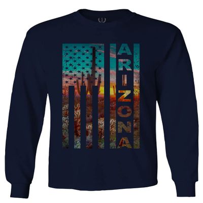 0491. Vintage Arizona American Flag Retro Graphic Style Patriotic USA 4th July Men's Long Sleeve t Shirt (Characol, 2X Large)