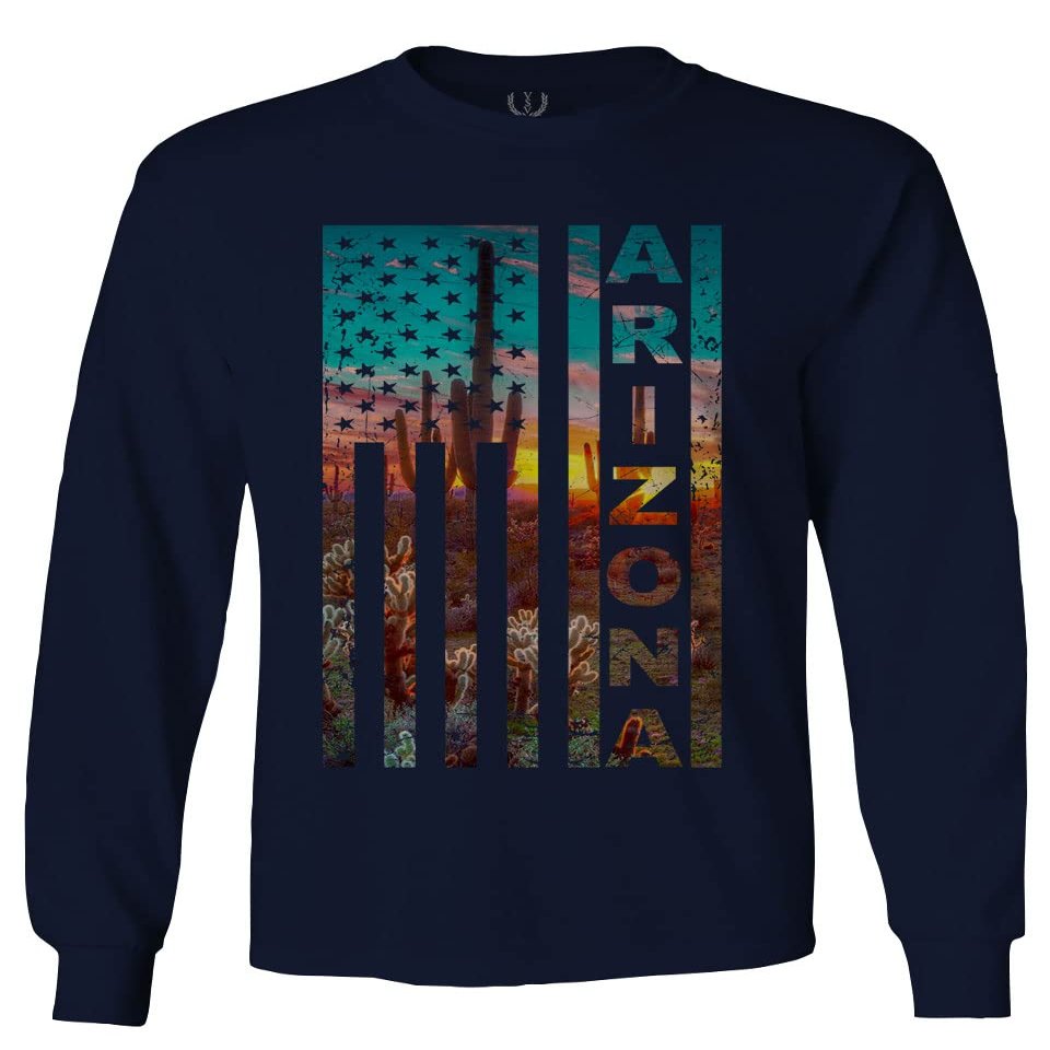 0491. Vintage Arizona American Flag Retro Graphic Style Patriotic USA 4th July Men's Long Sleeve t Shirt (Characol, 2X Large)