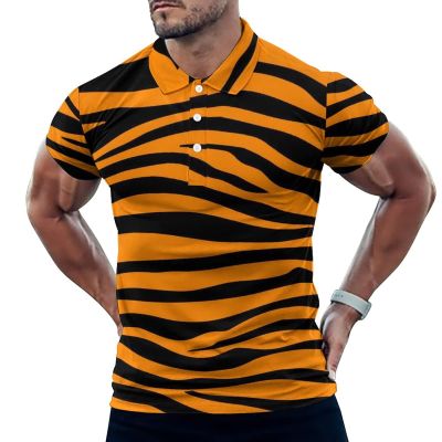 BAIKUTOUAN Tiger Orange Stripes Men's Polo-Shirts Short Sleeve Golf Tees Outdoor Sport Tennis Tops L