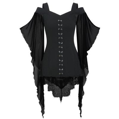 Goth Criss Cross Shirt Lace Butterfly Sleeve Blouses Gothic Clothes for Women Halloween Steampunk Tops with Corset Black