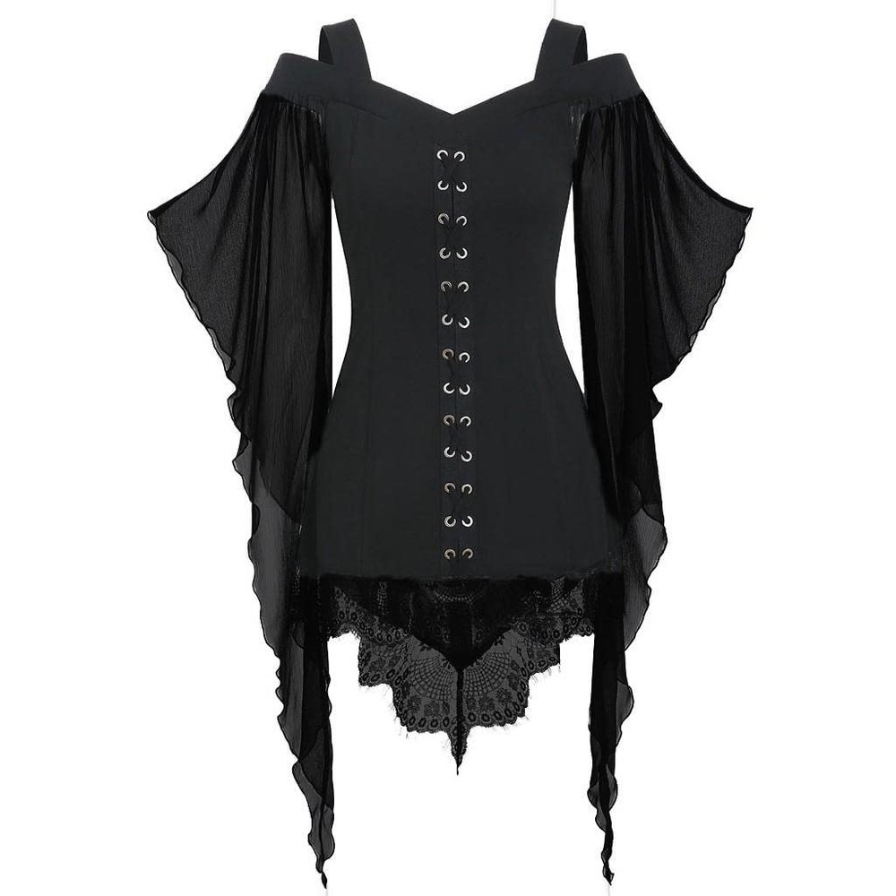 Goth Criss Cross Shirt Lace Butterfly Sleeve Blouses Gothic Clothes for Women Halloween Steampunk Tops with Corset Black
