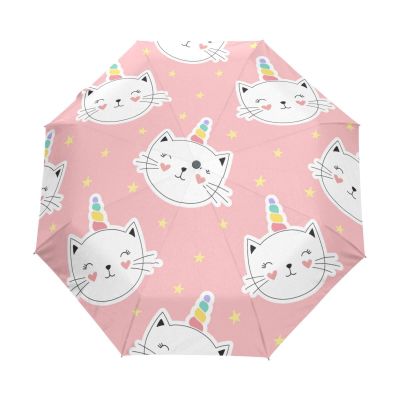 Sletend Compact Travel Umbrella Cat Unicorn Windproof Folding Automatic Umbrella,One Touch Auto Open and Close Button Portable Light Umbrella for Women Men Kid
