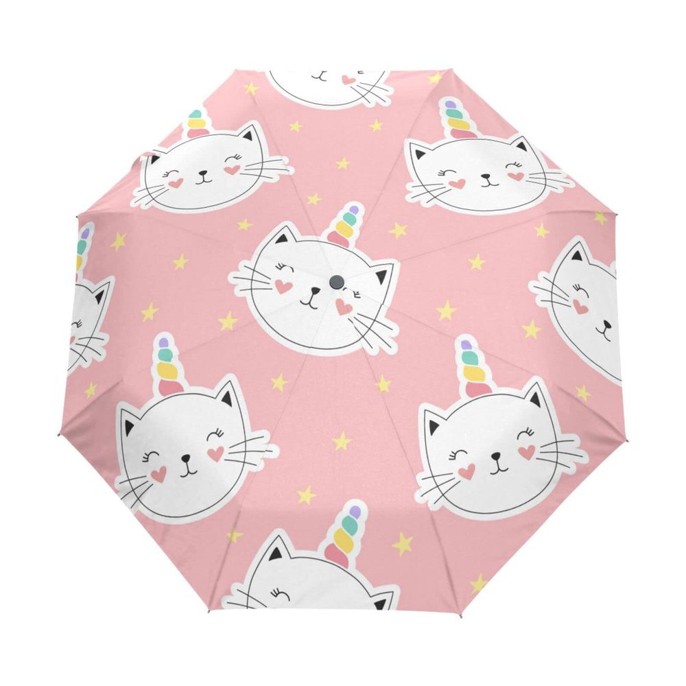 Sletend Compact Travel Umbrella Cat Unicorn Windproof Folding Automatic Umbrella,One Touch Auto Open and Close Button Portable Light Umbrella for Women Men Kid