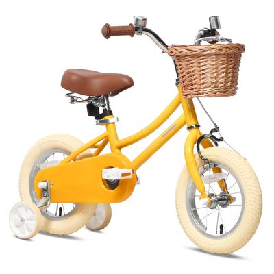 Petimini 12 Inch Kids Bike for Age 2 3 4 Years Old Little Girls Toddlers Retro Vintage Style Bicycles with Basket Training Wheels and Bell, Yellow