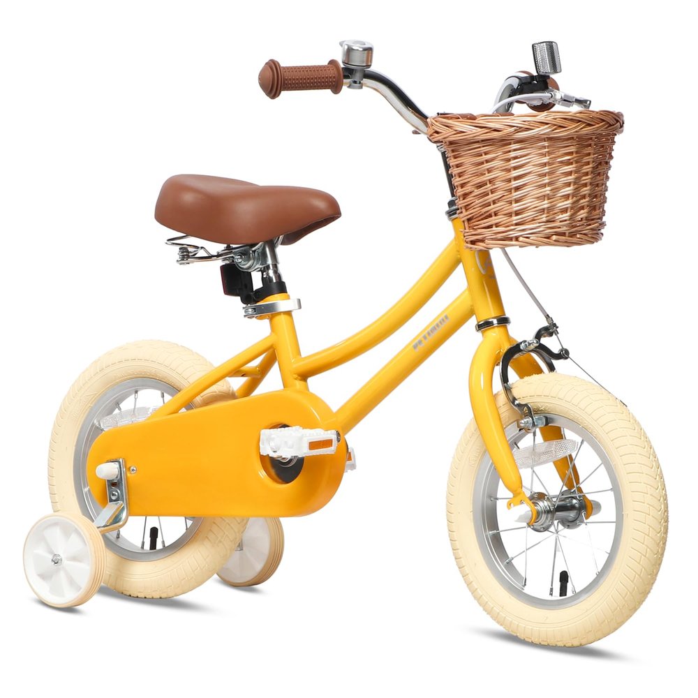 Petimini 12 Inch Kids Bike for Age 2 3 4 Years Old Little Girls Toddlers Retro Vintage Style Bicycles with Basket Training Wheels and Bell, Yellow