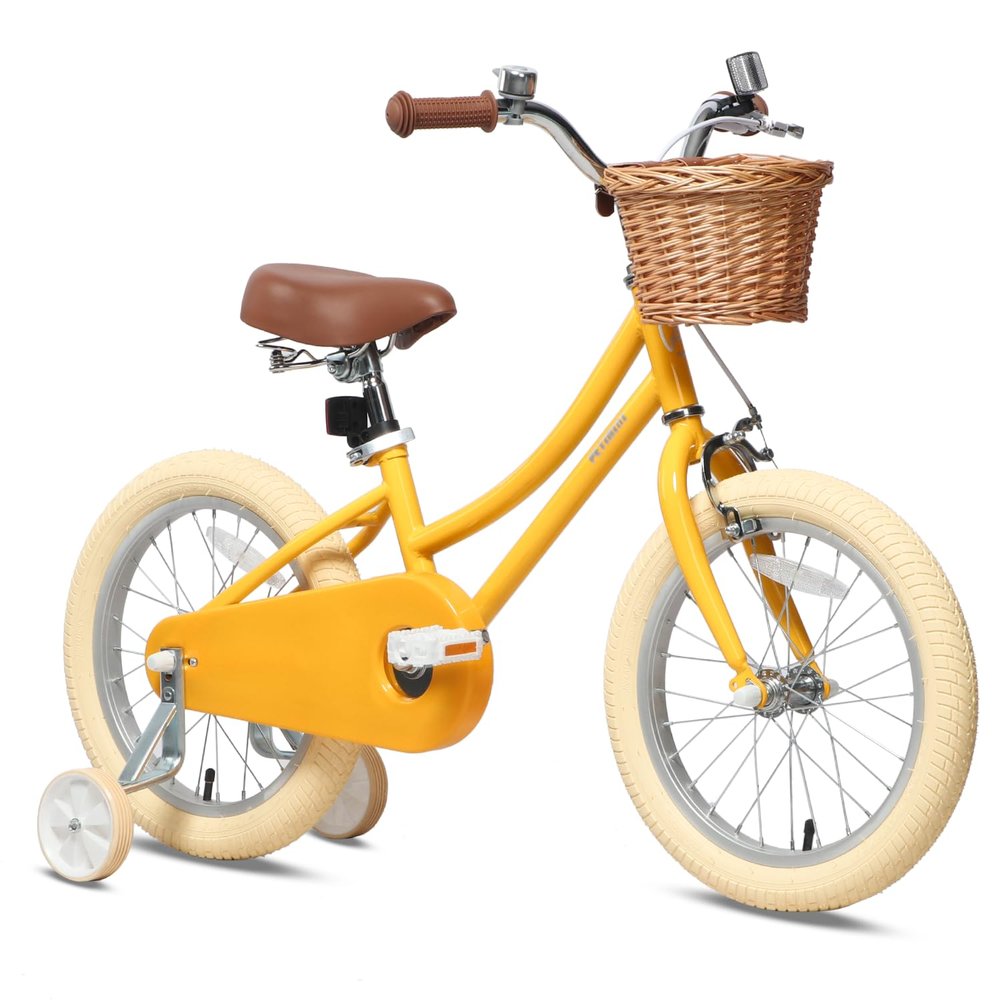 Petimini 16 Inch Little Kids Bike for Age 4 5 6 7 Years Old Girls Retro Vintage Style Bicycles with Basket Training Wheels and Bell, Yellow