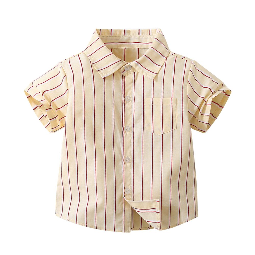 JEATHA Baby and Toddler Boys Striped Short Sleeve Button Down Shirt for Summer Casual Daily Wear Yellow 9-12 Months