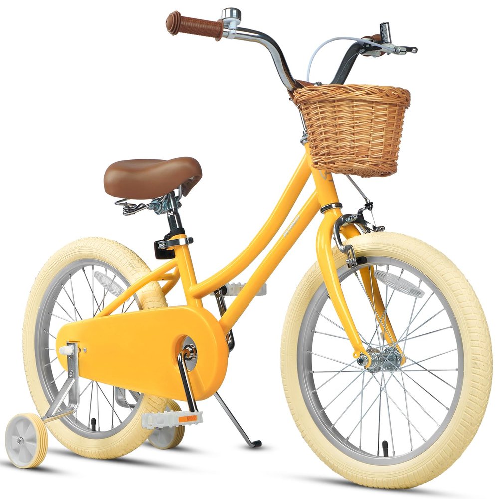 Petimini 18 Inch Little Kids Bike for Age 5 6 7 8 Years Old Girls Retro Vintage Style Bicycles with Basket Training Wheels and Bell, Yellow