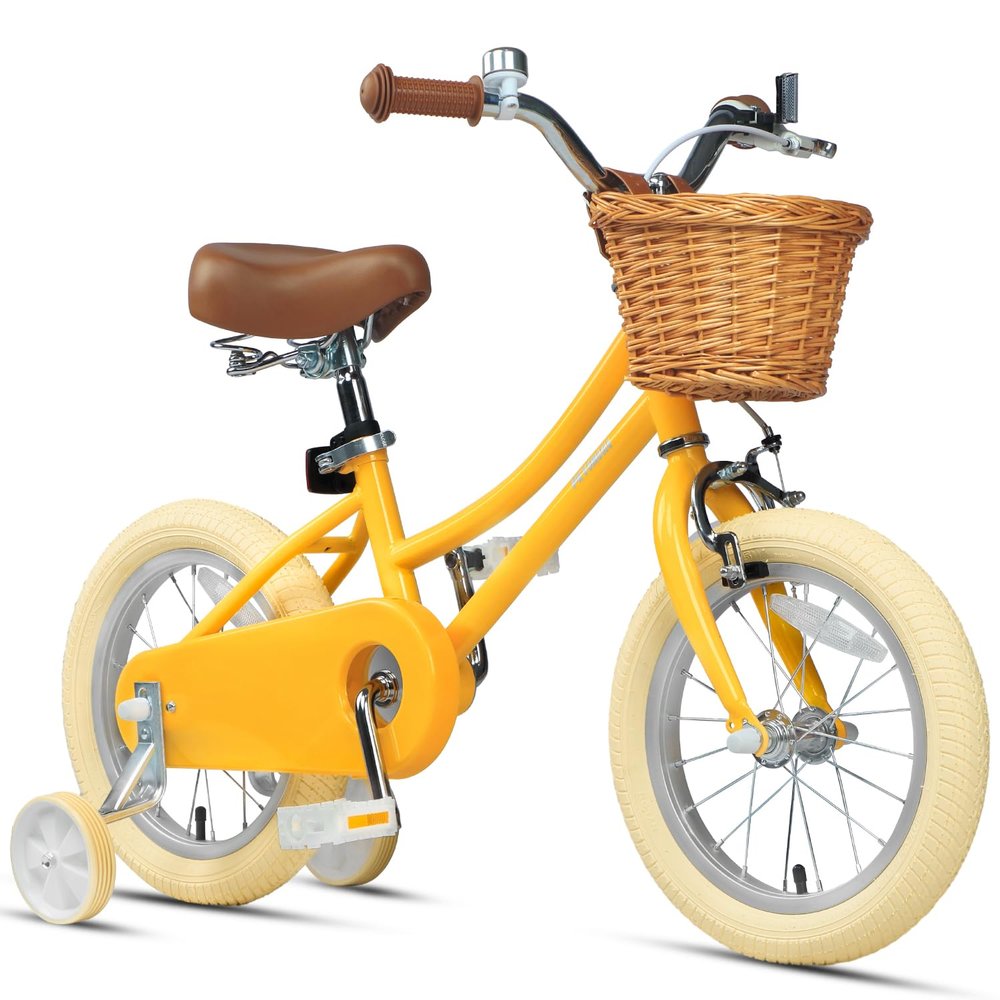 Petimini 14 Inch Little Kids Bike for Age 3 4 5 Years Old Girls Retro Vintage Style Bicycles with Basket Training Wheels and Bell, Yellow