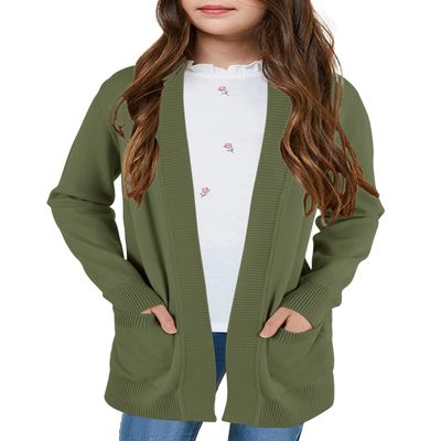 Poploli Girls Cardigan Knit Open Front Long Sleeve Sweaters Fall Casual Outwear with Pockets for 5-14 T Kids Army Green