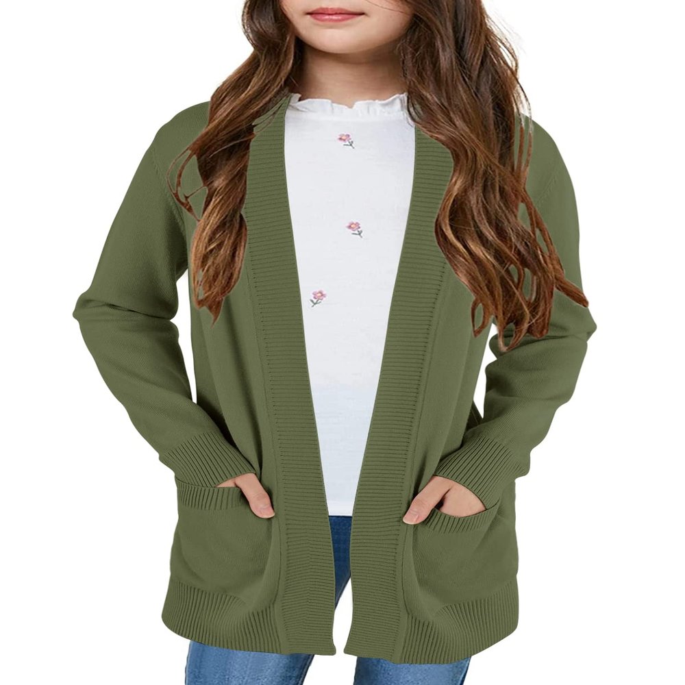 Poploli Girls Cardigan Knit Open Front Long Sleeve Sweaters Fall Casual Outwear with Pockets for 5-14 T Kids Army Green