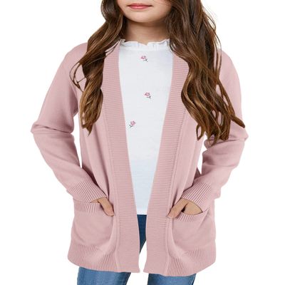 Poploli Girls Cardigan Knit Open Front Long Sleeve Sweaters Fall Casual Outwear with Pockets for 5-14 T Kids Pink