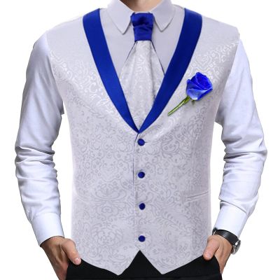 Groom Wedding Suit Vest Men Formal Plus Size White Royal Blue Rim Slim Fit Tuxedo Waistcoat for Groomsmen Prom (Size : XX-Large)