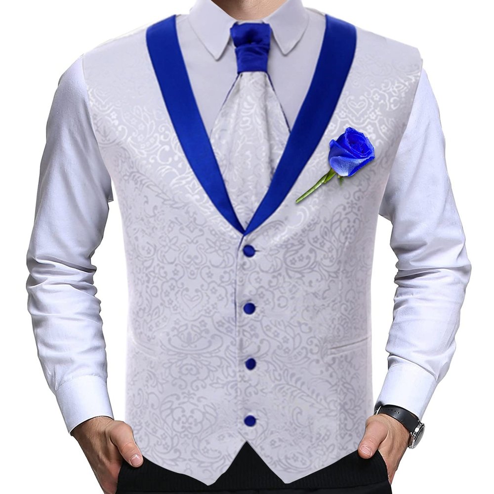 Groom Wedding Suit Vest Men Formal Plus Size White Royal Blue Rim Slim Fit Tuxedo Waistcoat for Groomsmen Prom (Size : XX-Large)