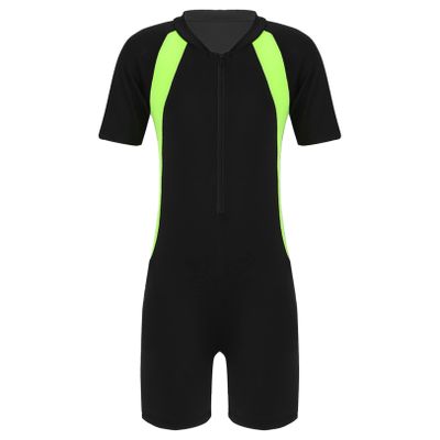 JEATHA Kids Girls Boys Rash Guard Short Sleeve Zipper Front One Piece Swimsuit Color Block Swimwear Black Yellow 1 16
