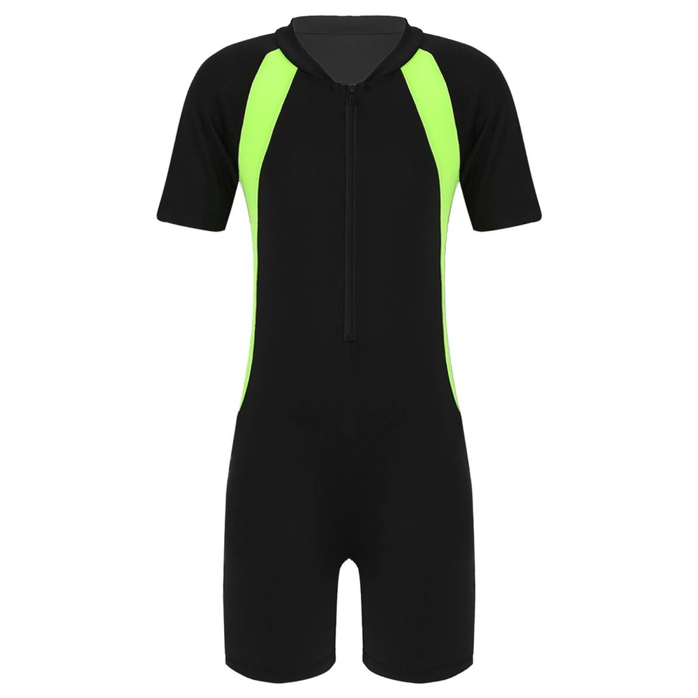JEATHA Kids Girls Boys Rash Guard Short Sleeve Zipper Front One Piece Swimsuit Color Block Swimwear Black Yellow 1 16