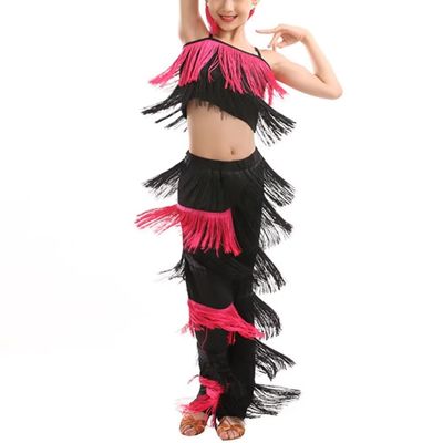Libaobaoyo Girls 2 Piece Latin Ballroom Dance Outfits Tassel Camisole Fringe Pants Modern Salsa Dancewear (Pink and Black, 5-6 Years)