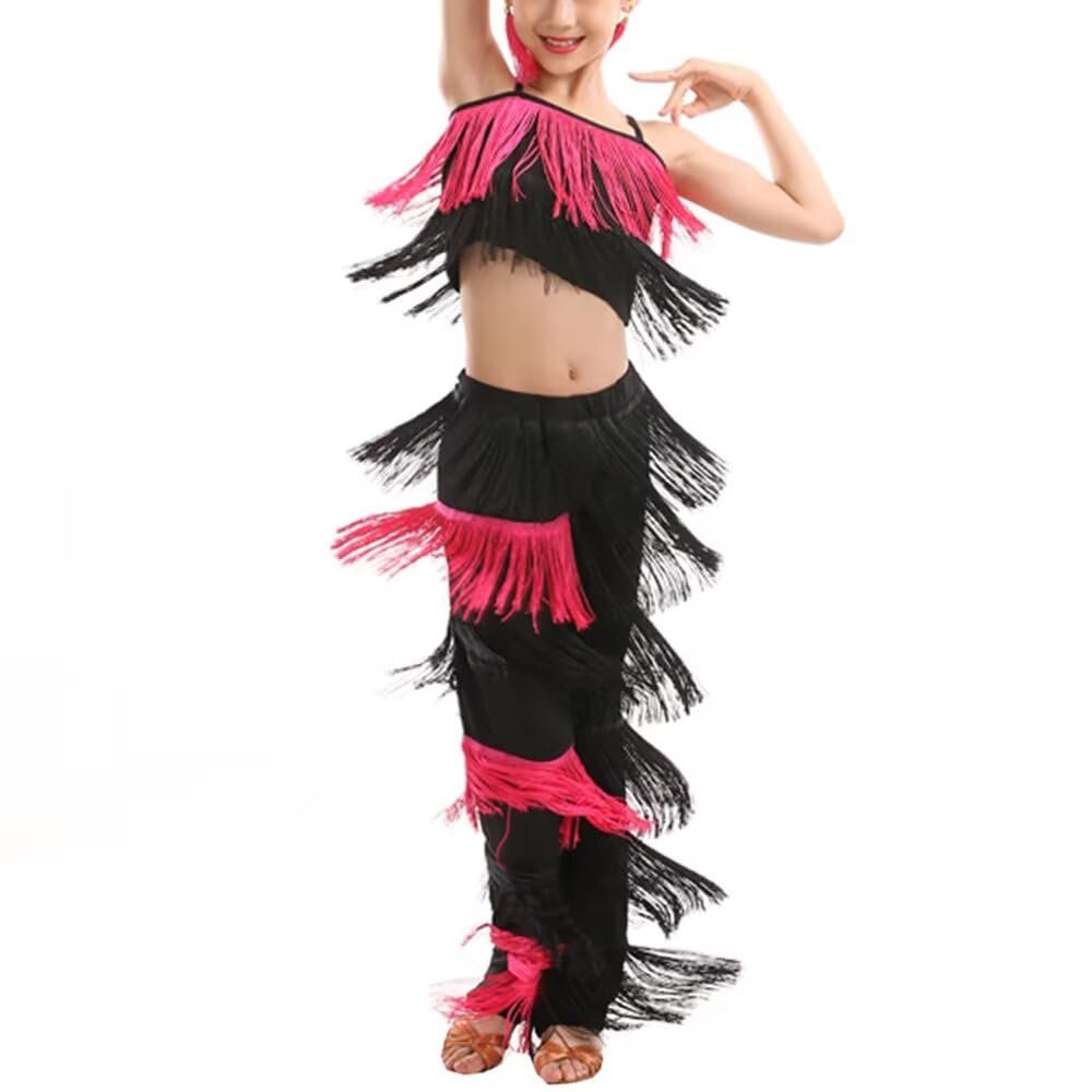 Libaobaoyo Girls 2 Piece Latin Ballroom Dance Outfits Tassel Camisole Fringe Pants Modern Salsa Dancewear (Pink and Black, 5-6 Years)