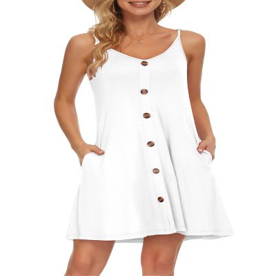 MISFAY Women's Summer Spaghetti Strap Casual Swing Tank Beach Cover Up Dress with Pockets(White,L)
