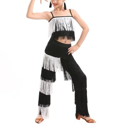 Libaobaoyo Girls 2 Piece Latin Ballroom Dance Outfits Tassel Camisole Fringe Pants Modern Salsa Dancewear (White and Black, 9-10 Years)