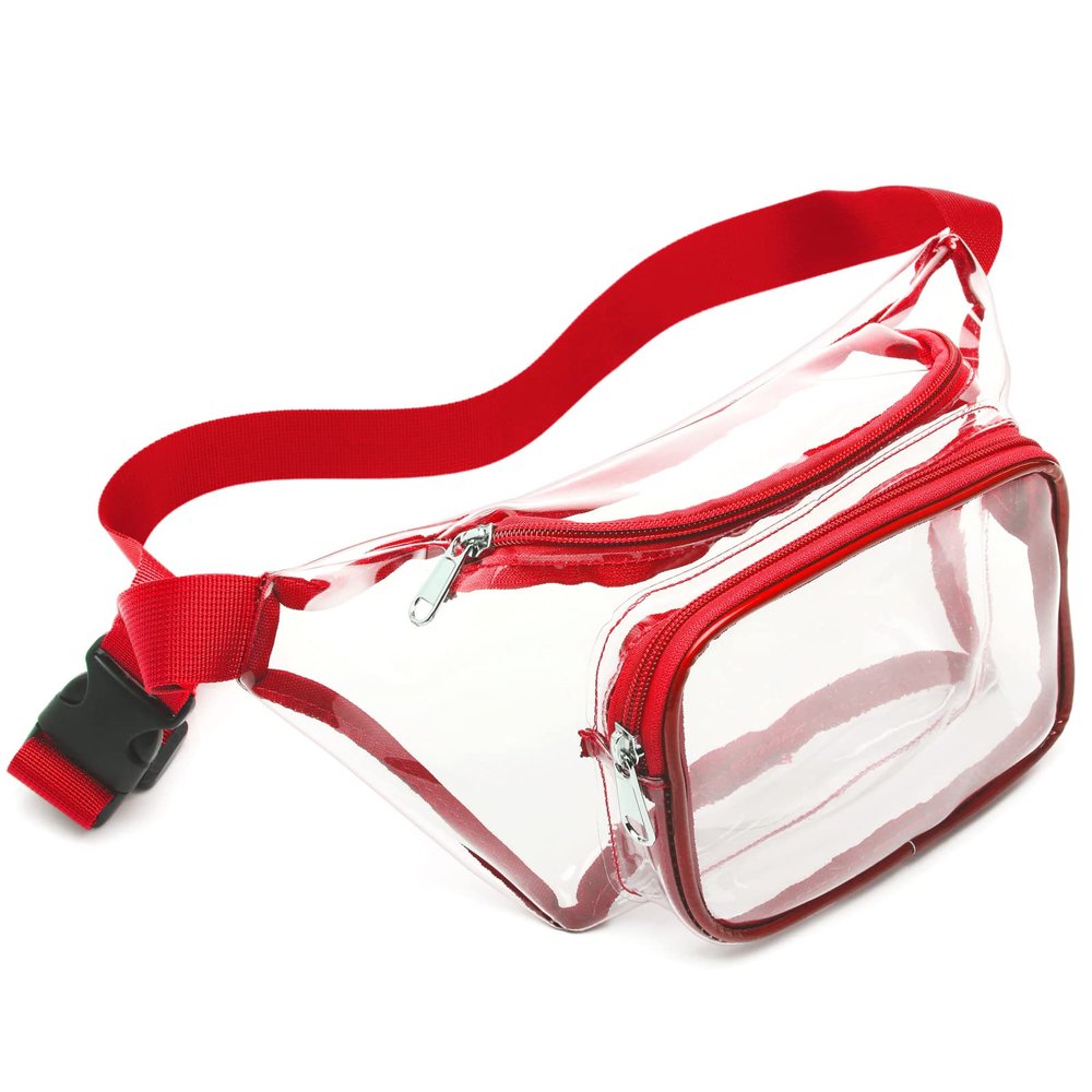 Veckle Clear Fanny Pack Stadium Approved - Adjustable 33-47 Inch Strap, Transparent Belt Bag for Women Men Fits 7.5-inch Smartphone, Waist Bag Clear Bag for Stadium Events, Sport, Concerts, Red