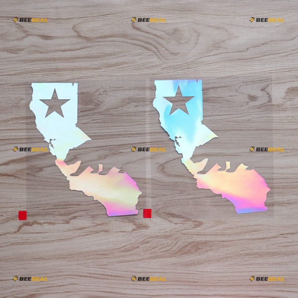 California Bear Map Decal Sticker Vinyl Outline Cali Republic CA - 2 Pack Holographic Iridescent Oil Slick Colorful, 6 Inches - No Background for Car Boat Laptop
