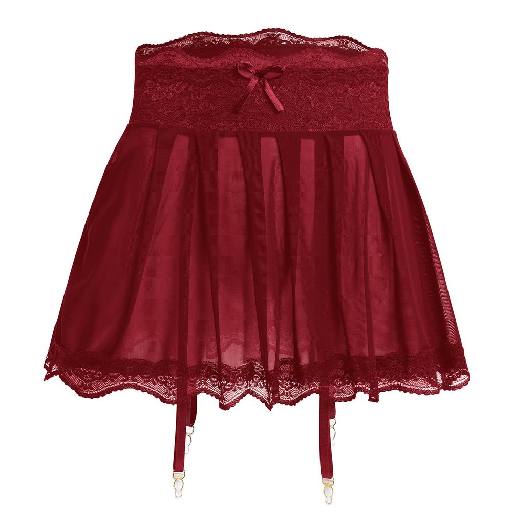 ABAFIP Men's Sissy Lingerie Mini Skirt Floral Lace Trim Mesh Sheer Skirts with Garters Belt See Thru Crossdressing Underwear Strappy Underpants Wine Red Small