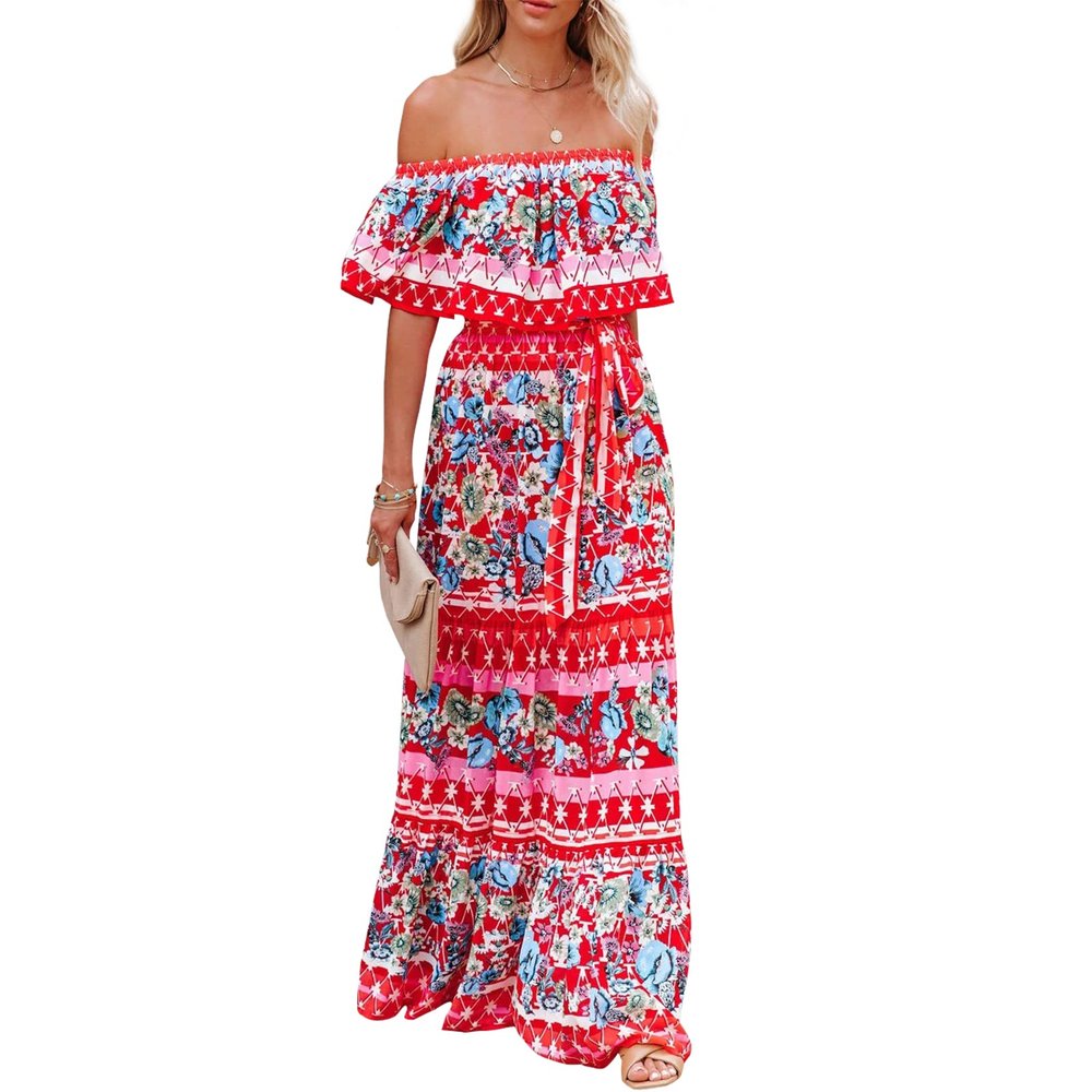 ACOSAP Women's Mexican Dress Summer Floral Print Off The Shoulder Sleeveless Beach Long Maxi Dress