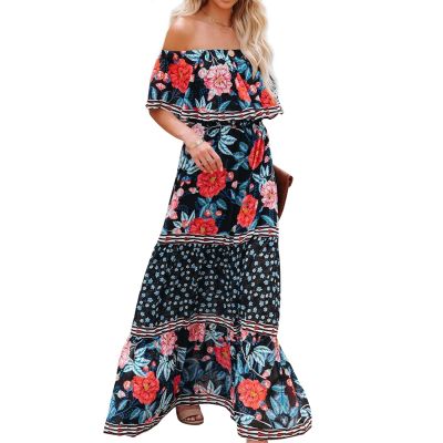 ACOSAP Women's Mexican Dress Summer Floral Print Off The Shoulder Sleeveless Beach Long Maxi Dress