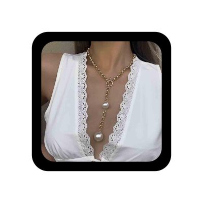 Allereyae Boho Pearl Y Necklace Long Pearl Drop Chain Necklace Gold Open Circle Y Lariat Necklace Minimalist Toggle Necklace Chain Jewelry