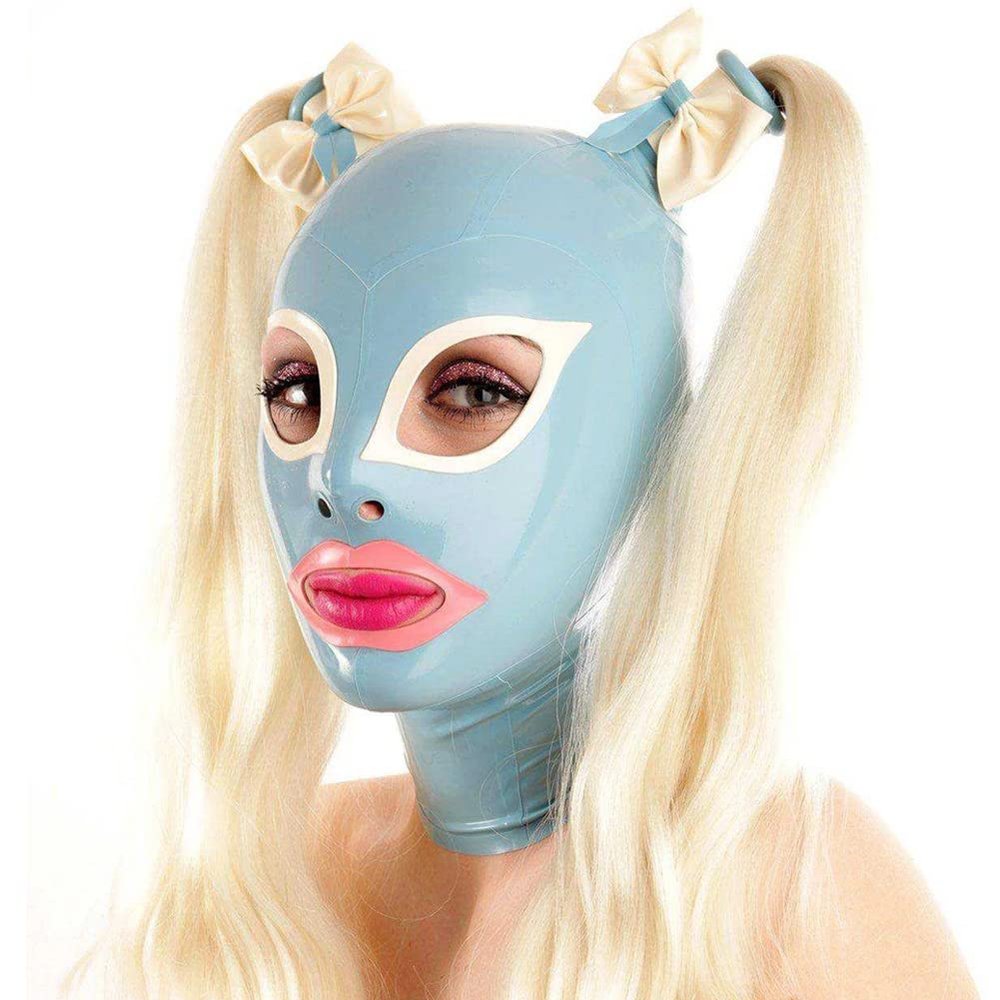 Yilen Latex Hood mask Holiday Rubber Full Face Mask Open Big Eyes Trims with Bows Double Ponytail with Wigs Latex Mask (S, Black and white pink-wigs)