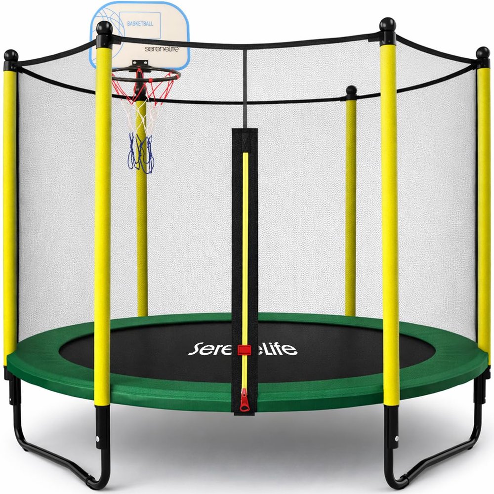 SereneLife 5FT Outdoor & Indoor Trampoline for Kids  Durable Mini Toddler Trampoline with Net Enclosure & Basketball Hoop - Supports 176 lbs, 60"x76"
