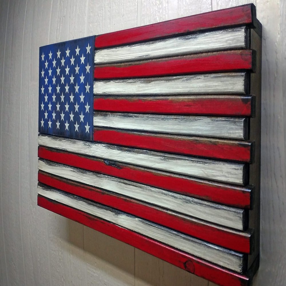 American Furniture Classics Model LRG2COMP Large American Flag Wall Hanging Gun Concealment with Two Secret Compartments, Red White and Blue