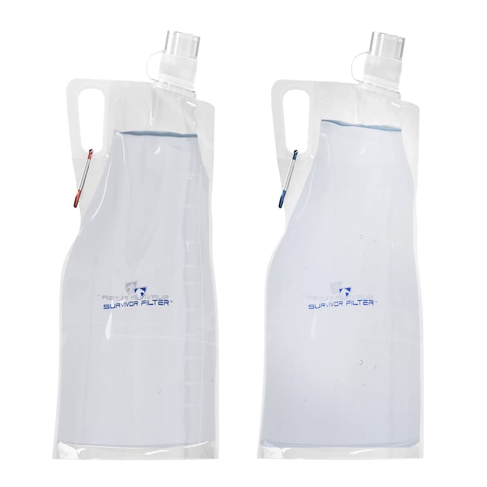 Survivor Filter 2L Clear Collapsible Water Bottles - Travel, Hiking, Foldable, BPA-Free - 2 x 67oz