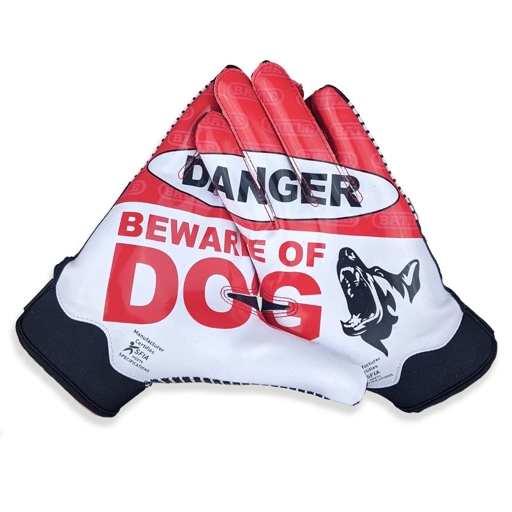 Battle Sports Beware of Dog, Red Wide Receiver Football Gloves, Ultra Stick Adult & Youth Gloves - Adult X-Large, Red