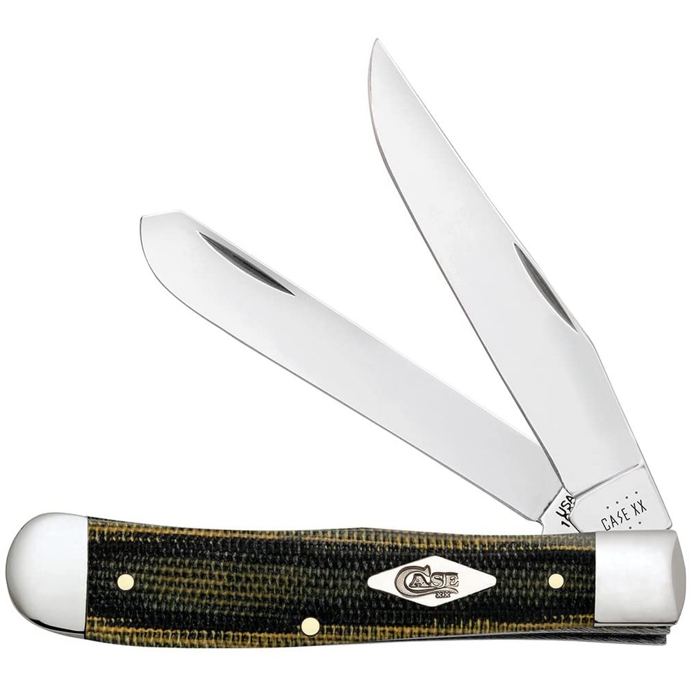 Case XX WR POCKET KNIFE TRAPPER - SMOOTH BLACK/GREEN/NATURAL CANVAS MICARTA, ITEM 23470, LENGTH CLOSED 4 1/8 INCH (10254 SS)