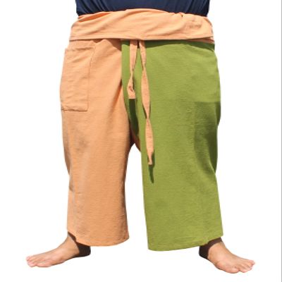 RaanPahMuang Thai Fisherman Pants Loose Yoga, Pirate, Harem, 100% Cotton, Unisex Mens Womens Kimono, Medium-Large, Light Brown Tab Green