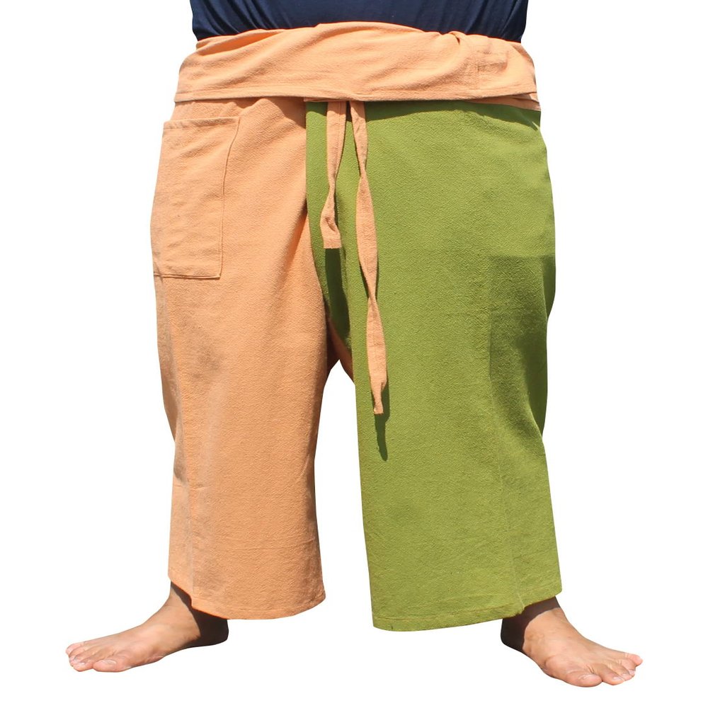 RaanPahMuang Thai Fisherman Pants Loose Yoga, Pirate, Harem, 100% Cotton, Unisex Mens Womens Kimono, Medium-Large, Light Brown Tab Green